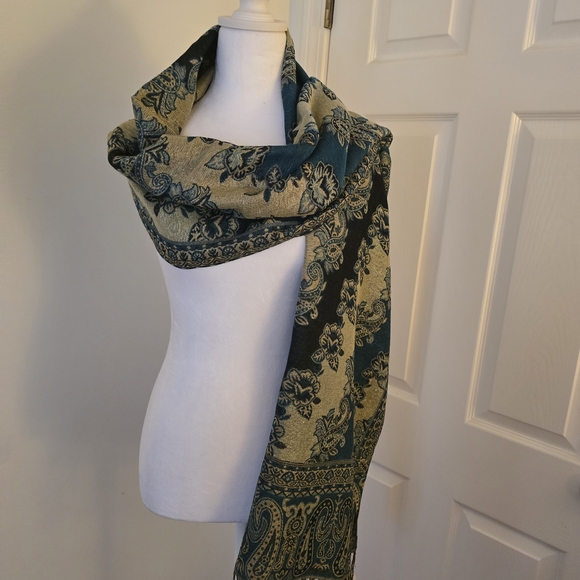 Accessory Street Elegant Floral Patterned Scarf - Metallic Gold/Dark Blue/Aqua - Picture 1 of 10